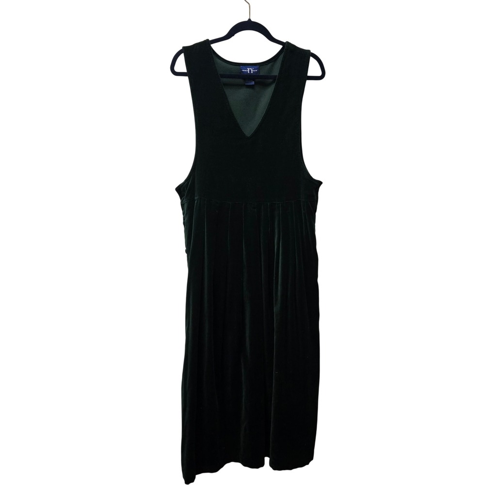 Original TY Wear Forest Green Cotton Velvet Jumper Dress V-Neck Sleeveless VTG